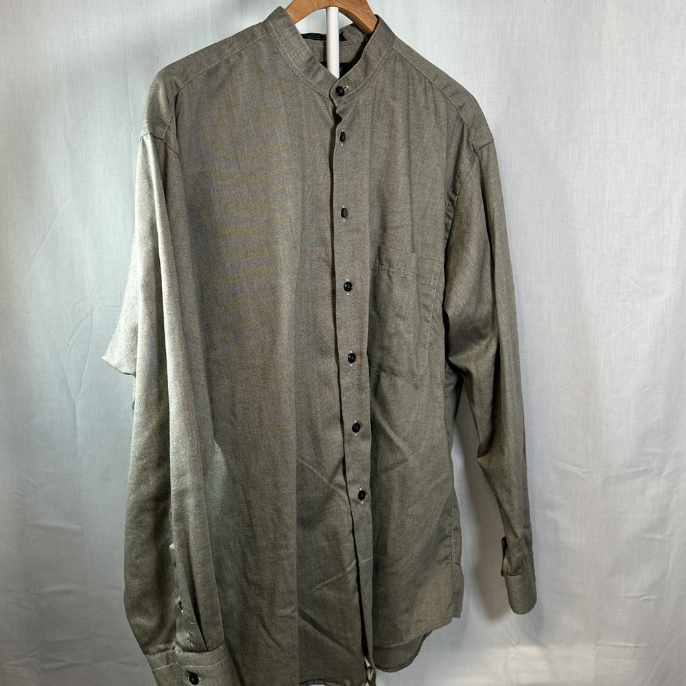 Kenneth Gordon USA Mens L Band Collar Shirt Cotton Khaki Tan Long Sleeve Made US